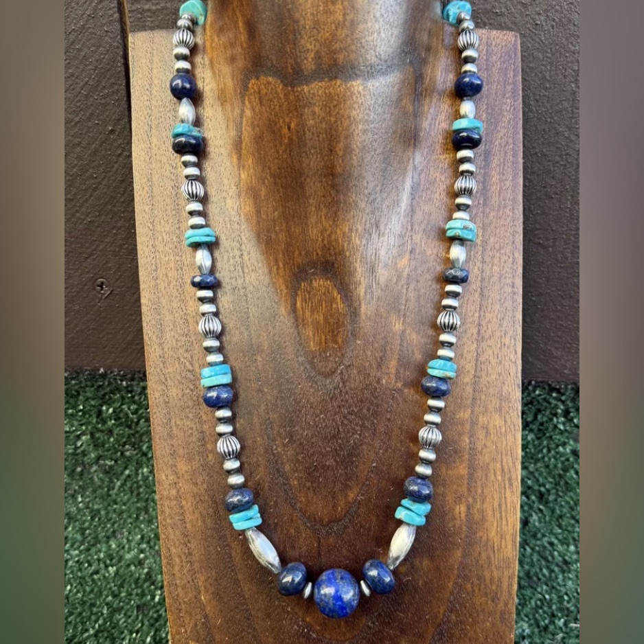 Southwestern Sterling Silver Blue Lapis Turquoise Pearls Bead Necklace 22 Inch